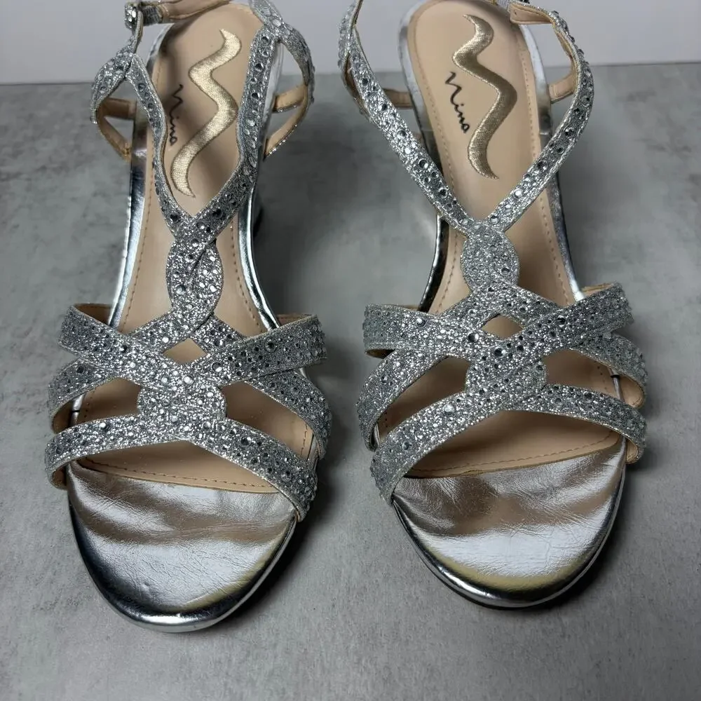 Nina Vanida Wedge Strappy Silver Glitter Rhinestone Dress Sandal Women's 9.5 - Picture 3 of 12